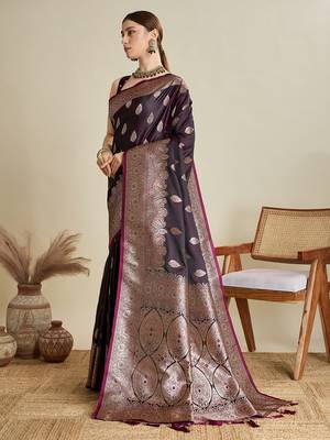 purple satin printed saree with blouse 4