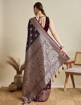 purple satin printed saree with blouse 5