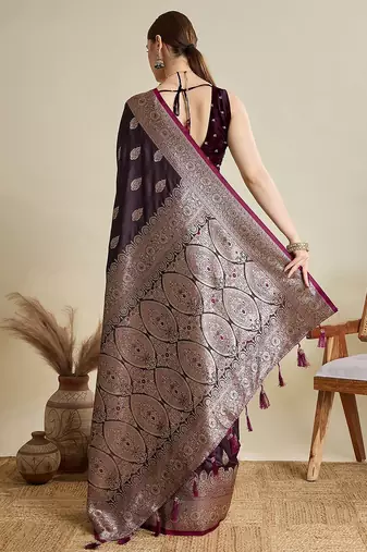 purple satin printed saree with blouse