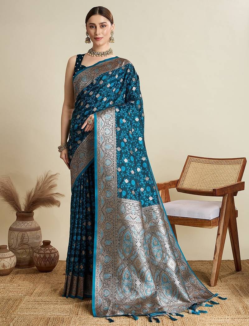 blue satin printed saree with blouse