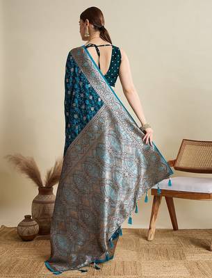 blue satin printed saree with blouse 2