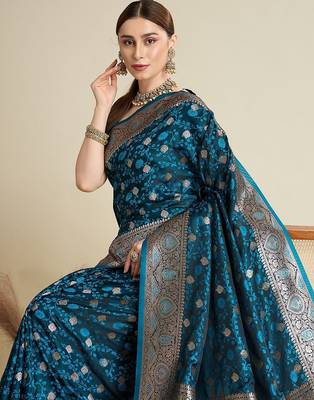 blue satin printed saree with blouse 3
