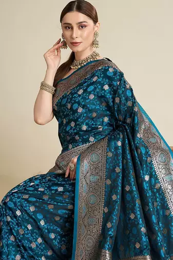 blue satin printed saree with blouse