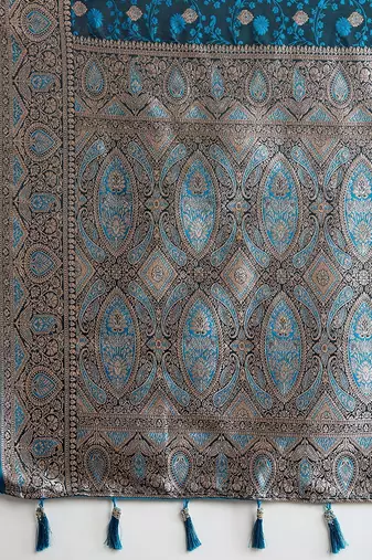 blue satin printed saree with blouse