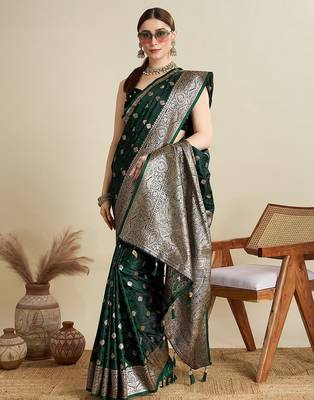 green satin printed saree with blouse 1