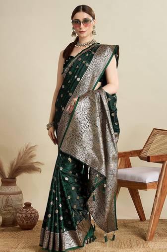 green satin printed saree with blouse