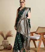 green satin printed saree with blouse