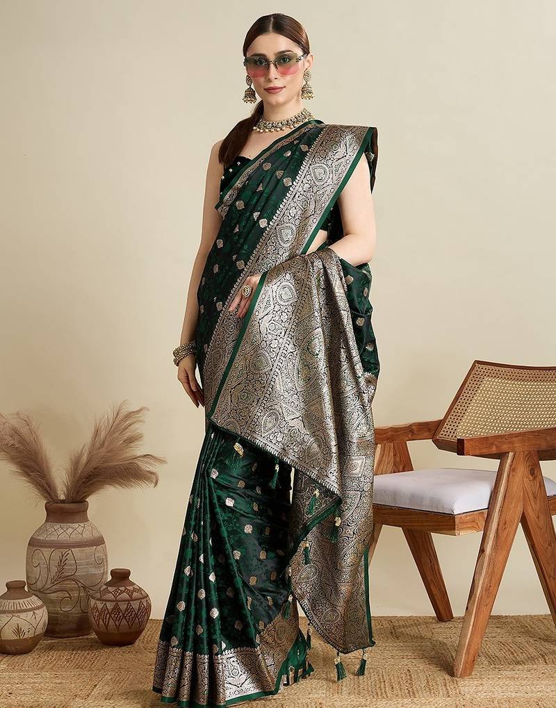 green satin printed saree with blouse