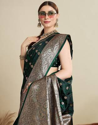 green satin printed saree with blouse 2