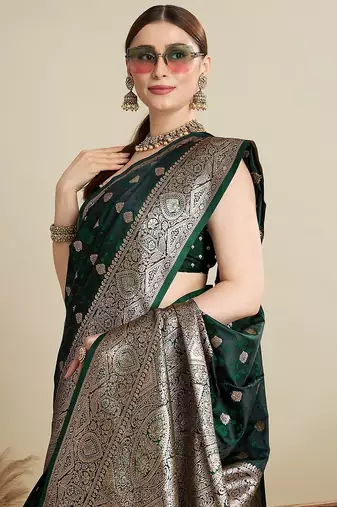green satin printed saree with blouse