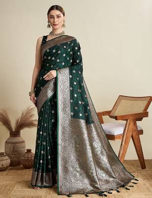 green satin printed saree with blouse 4