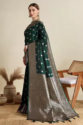 green satin printed saree with blouse