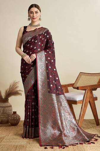 maroon satin printed saree with blouse