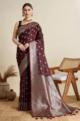 maroon satin printed saree with blouse
