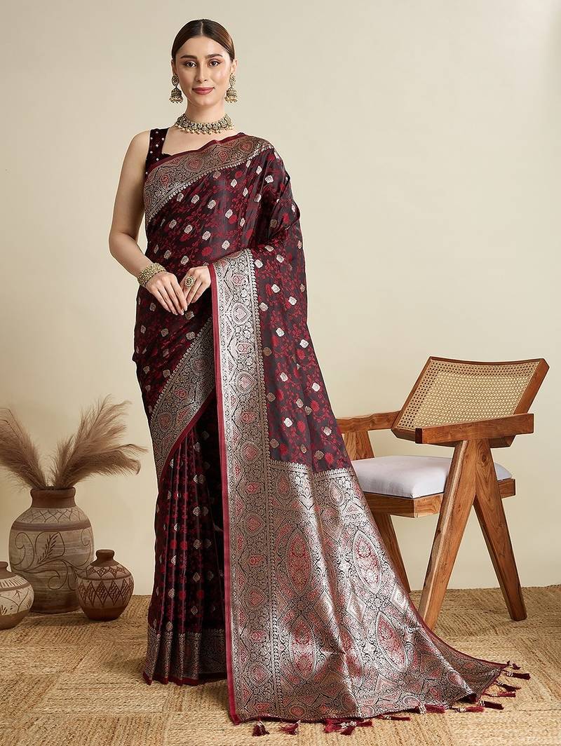 maroon satin printed saree with blouse