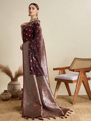 maroon satin printed saree with blouse 2