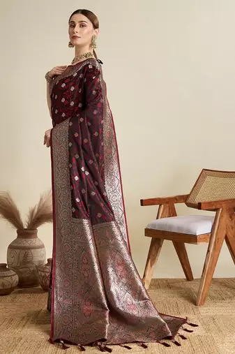 maroon satin printed saree with blouse