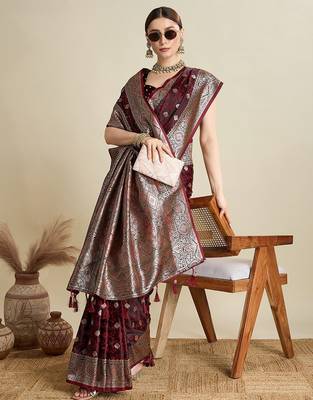 maroon satin printed saree with blouse 3