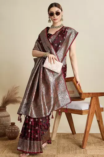 maroon satin printed saree with blouse