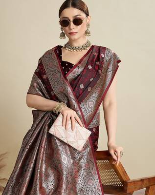 maroon satin printed saree with blouse 4