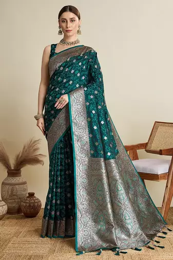 teal satin printed saree with blouse