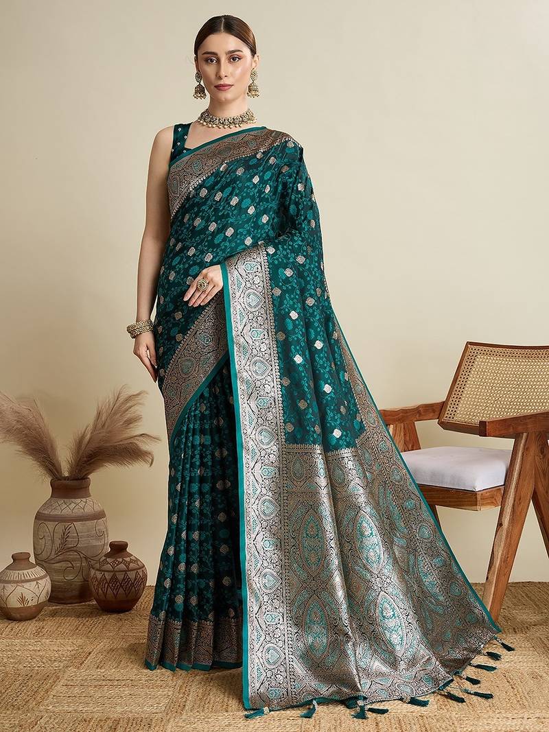 teal satin printed saree with blouse