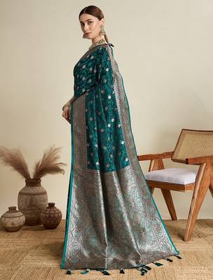 teal satin printed saree with blouse 2
