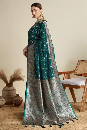 teal satin printed saree with blouse