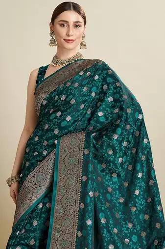teal satin printed saree with blouse
