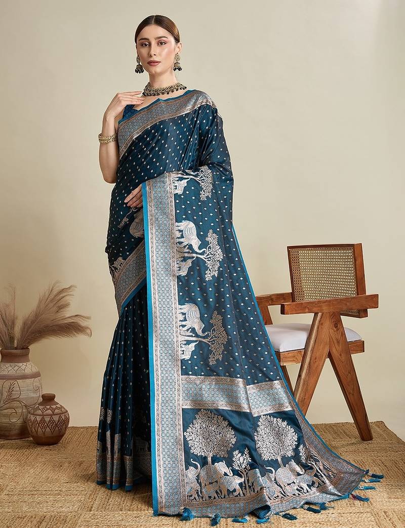 blue satin printed saree with blouse