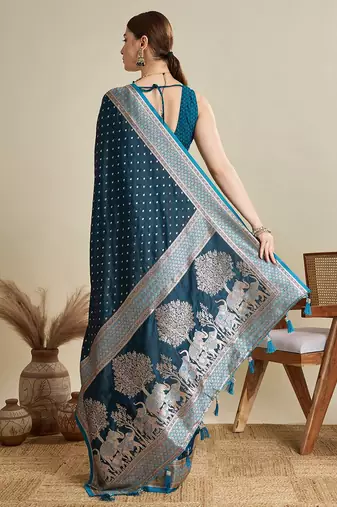 blue satin printed saree with blouse