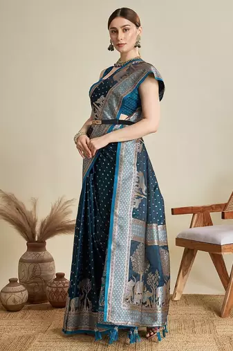 blue satin printed saree with blouse