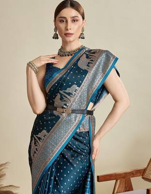blue satin printed saree with blouse 4