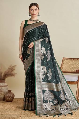 green satin printed saree with blouse