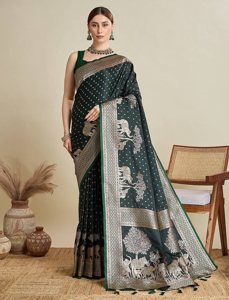 green satin printed saree with blouse