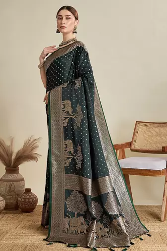 green satin printed saree with blouse