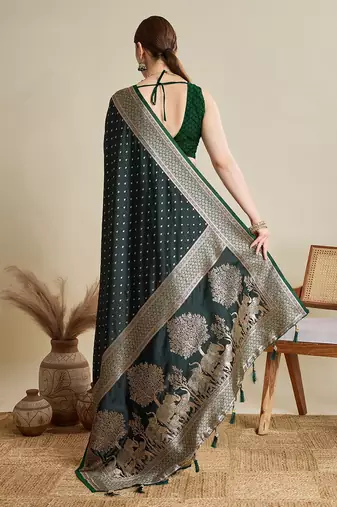 green satin printed saree with blouse