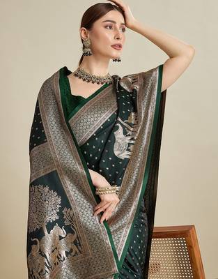 green satin printed saree with blouse 4