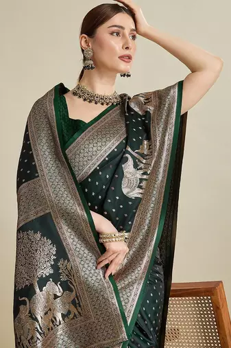 green satin printed saree with blouse