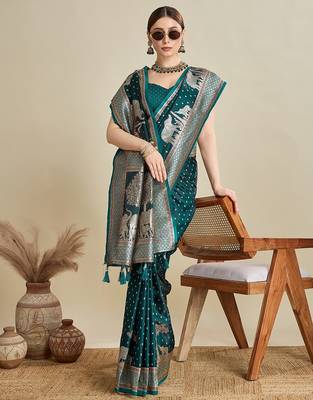 blue satin printed saree with blouse 1