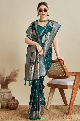 blue satin printed saree with blouse