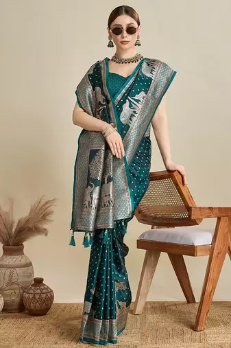 blue satin printed saree with blouse