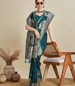 blue satin printed saree with blouse
