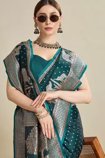 blue satin printed saree with blouse