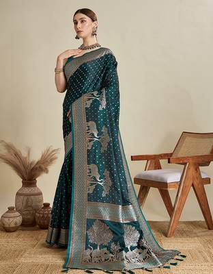 blue satin printed saree with blouse 5
