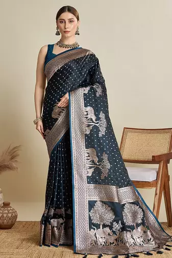 teal satin printed saree with blouse
