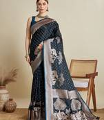 teal satin printed saree with blouse