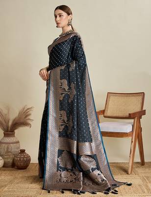 teal satin printed saree with blouse 2