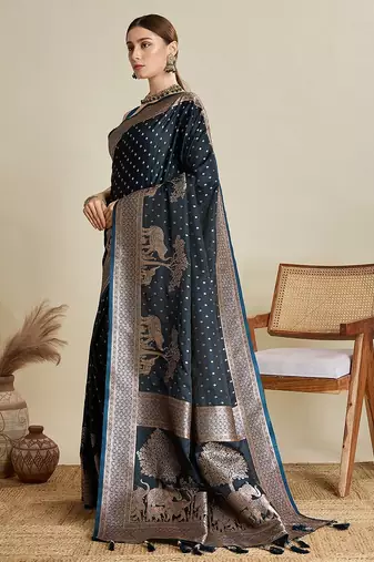 teal satin printed saree with blouse