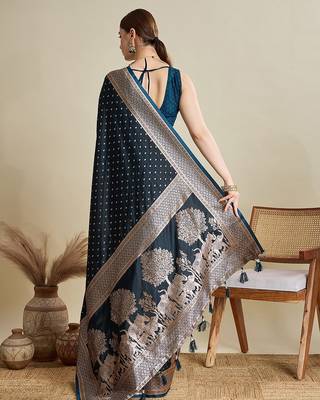 teal satin printed saree with blouse 3